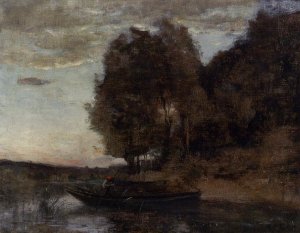 Fisherman Boating along a Wooded Landscape