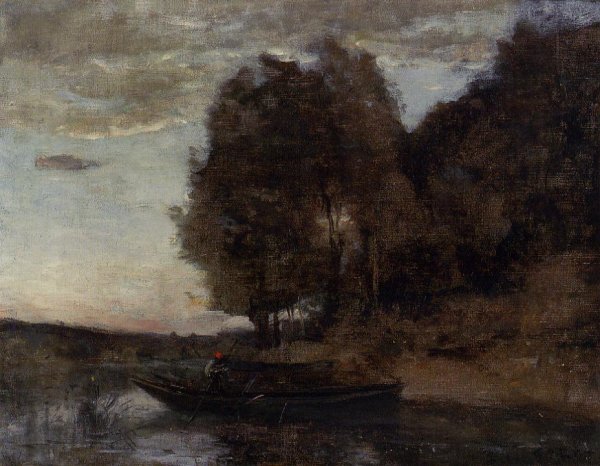 Fisherman Boating along a Wooded Landscape