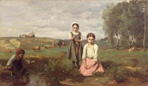 Children beside a brook in the countryside, Lormes