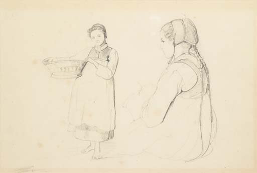 A girl holding a basket, and the same seated girl in profile to the left, half-length