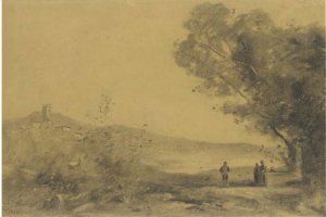 A landscape with a hilltown in the background, three figures to the right