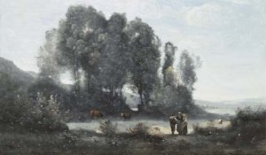 Groupe d'arbres au bord d'un etang avec trois campagnards debout et deux vaches (environs de Ville d'Avray)